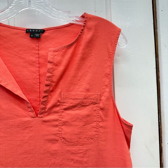 Theory coral peach linen stretch sleeveless v neck dress with pockets women's 6. - Picture 3 of 5